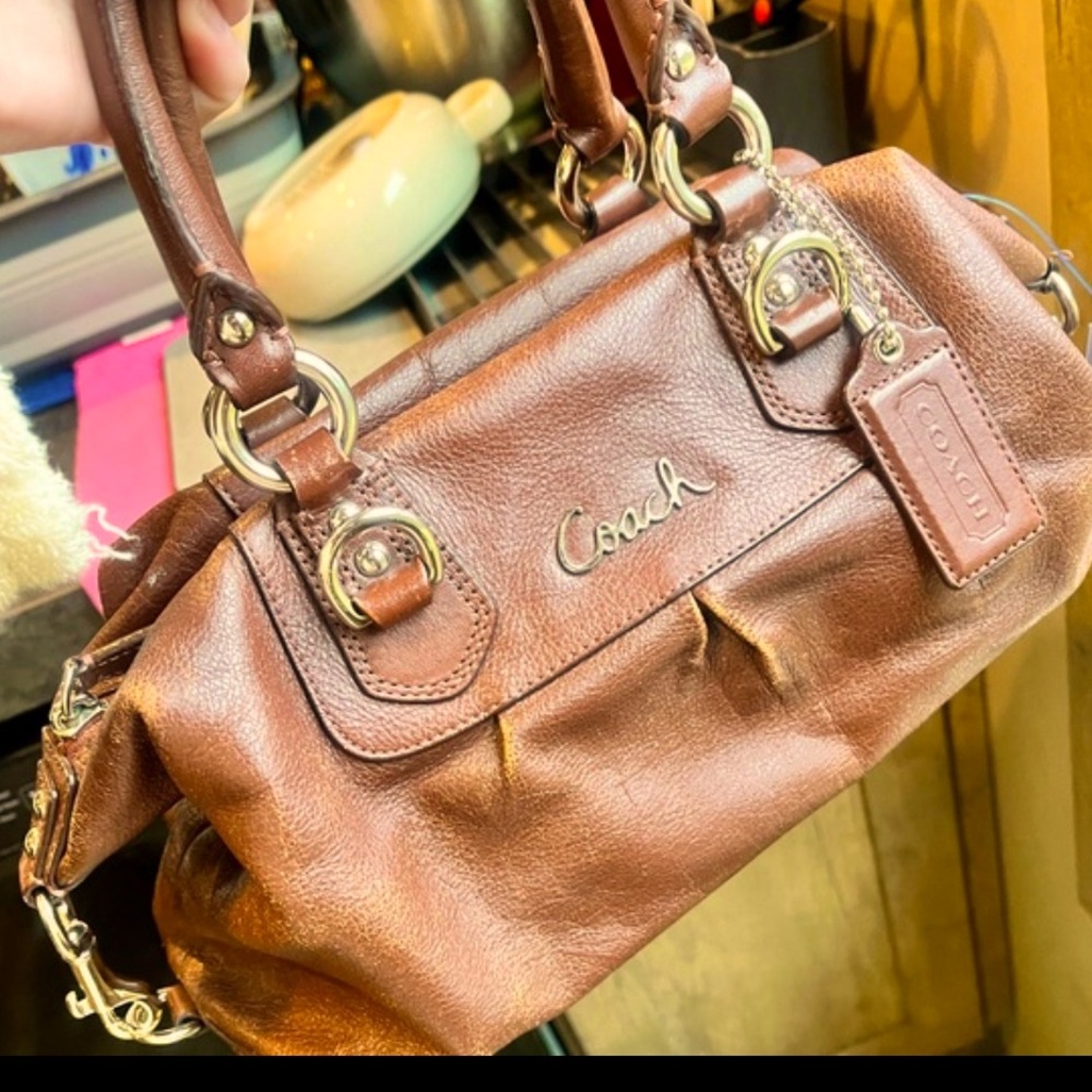 COACH poppy 2010 y2k brown leather shoulder purse silver hardware purple satin